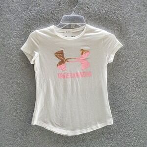 Under Armour Girls Top Medium‎ White Logo Loose Fit HeatGear Tee